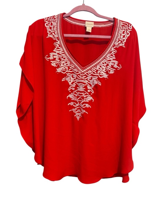 Chico's Tops - Chico's Bright Red Tunic with White Embroidered V-Neck